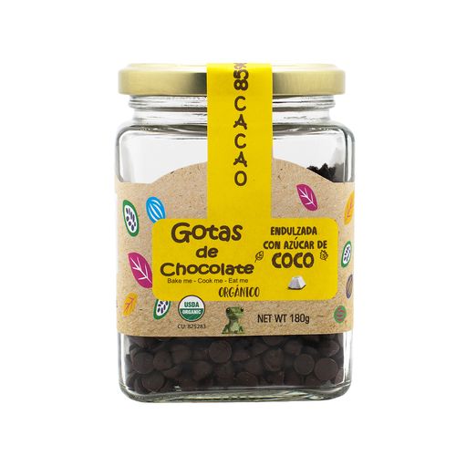 CALYPSO GOTAS DE CHOCOLATE 85% CACAO EN FRASCO CON AZUCAR DE COCO 180GR
