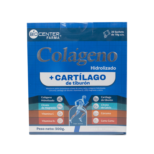 BIOCENTER COLAGENO+CARTILAGO DE TIBURÓN+VITAMINAS+MINERALES 10g x 30und
