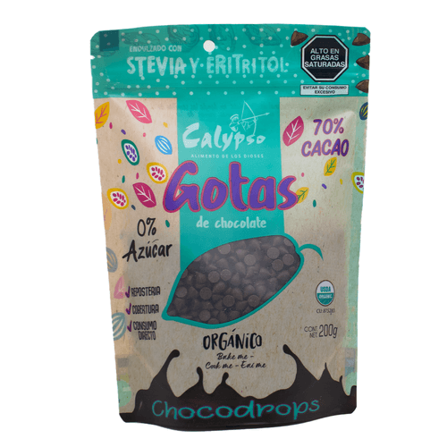 CALYPSO GOTAS DE CHOCOLATE AL 70% EN BOLSA CON ERITRITOL Y STEVIA 200GR