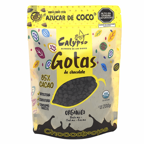 CALYPSO GOTAS DE CHOCOLATE AL 85%  CACAO EN BOLSA CON AZUCAR DE COCO 200GR