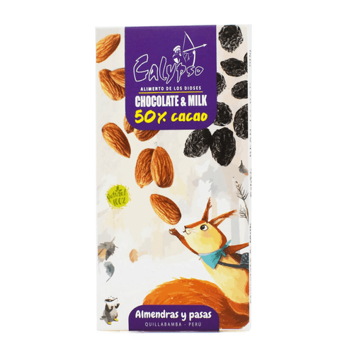 CALYPSO CHOCOLATE BITTER 50% CACAO ALMENDRAS Y PASAS 50GR
